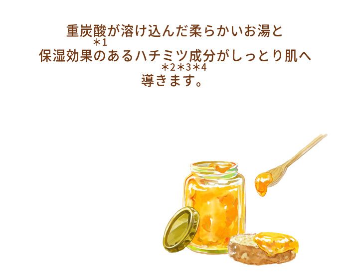 重炭酸が溶け込んだ柔らかいお湯と保湿効果のあるハチミツ成分がしっとり肌へ導きます。