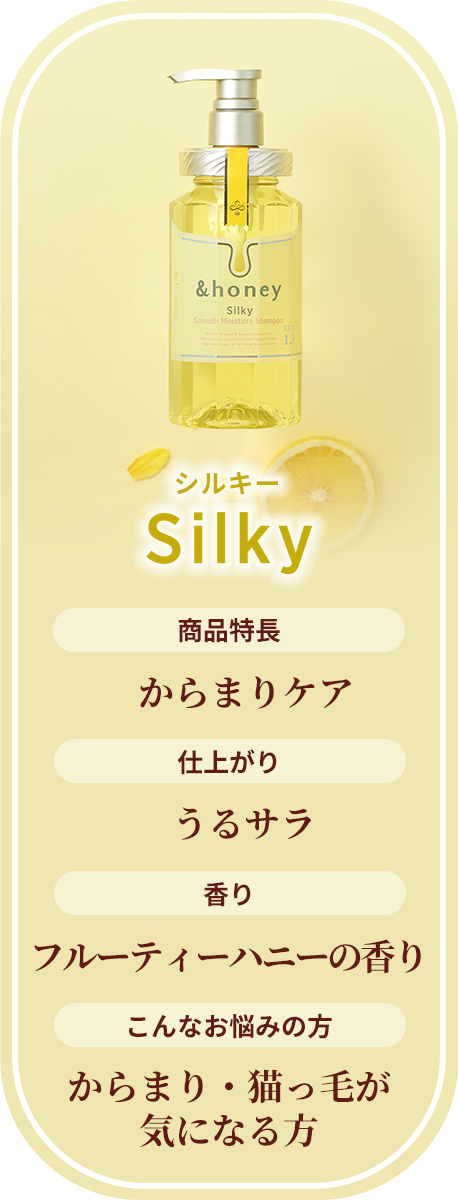 シルキー Silky 商品特長 からまりケア 仕上がり うるサラ フルーティーハニーの香り こんなお悩みの方 からまり・猫っ毛が気になる方