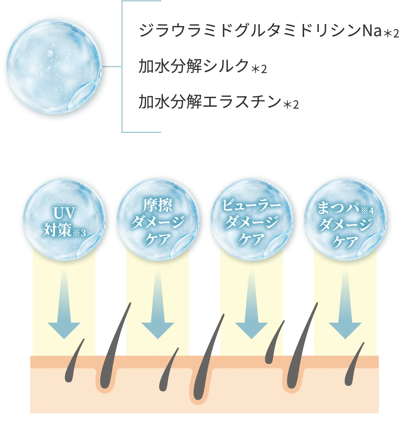 ジラウラミドグルタミドリシンNa*2 加水分解シルク*2 加水分解エラスチン*2 UV対策※3 摩擦ダメージケア ビューラーダメージケア まつパ※4ダメージケア