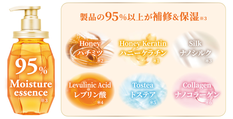 濃蜜な補修&うるおい成分で、髪の水分量を保つピュアモイスト処方です。